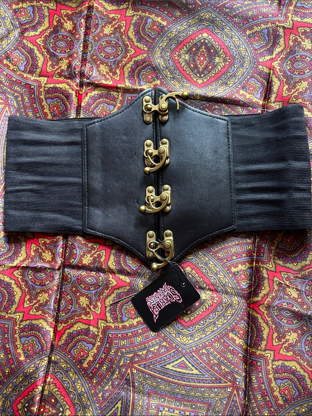 Black Wide Elastic Waist Belt with Antique Gold Hook Closures